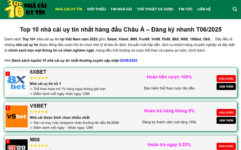 Top 10 nhà cái uy tín nhất